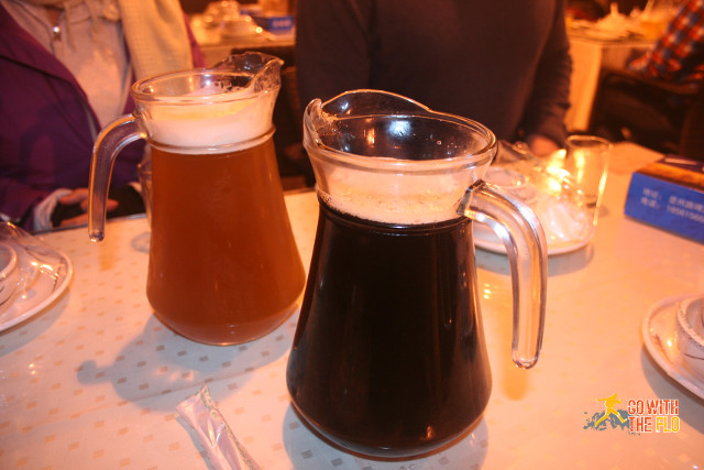 "Golden beer" on the left and caramel beer on the right (not my taste)
