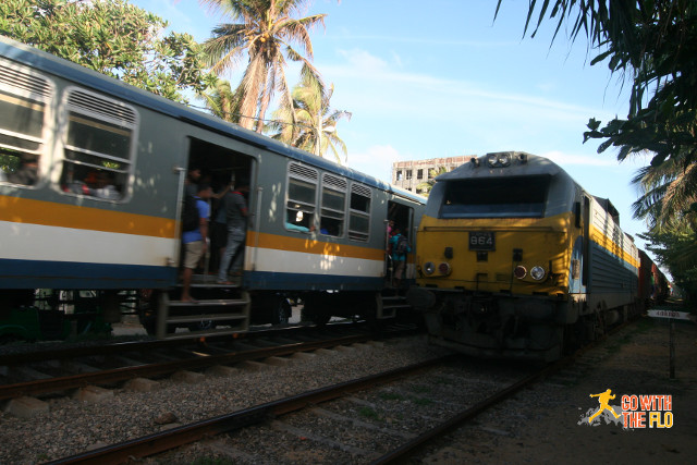 Two trains passing each other near Colombo. Not many stretches have dual tracks.