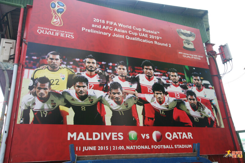 As exciting as Maldivian football gets - the National Stadium still advertises for last year's World Cup Qualifier against Qatar