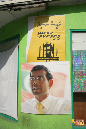 Poster demanding for the former president Mohamed Nasheed to be freed