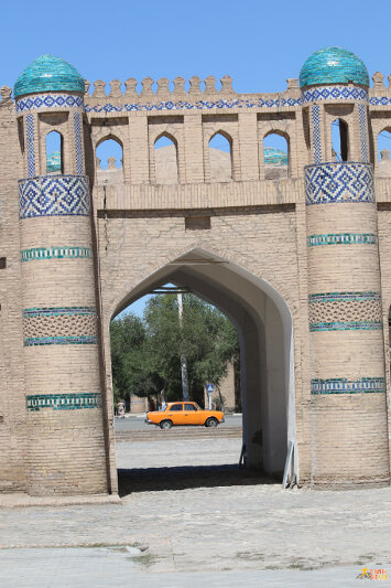 Russian car behind city gate